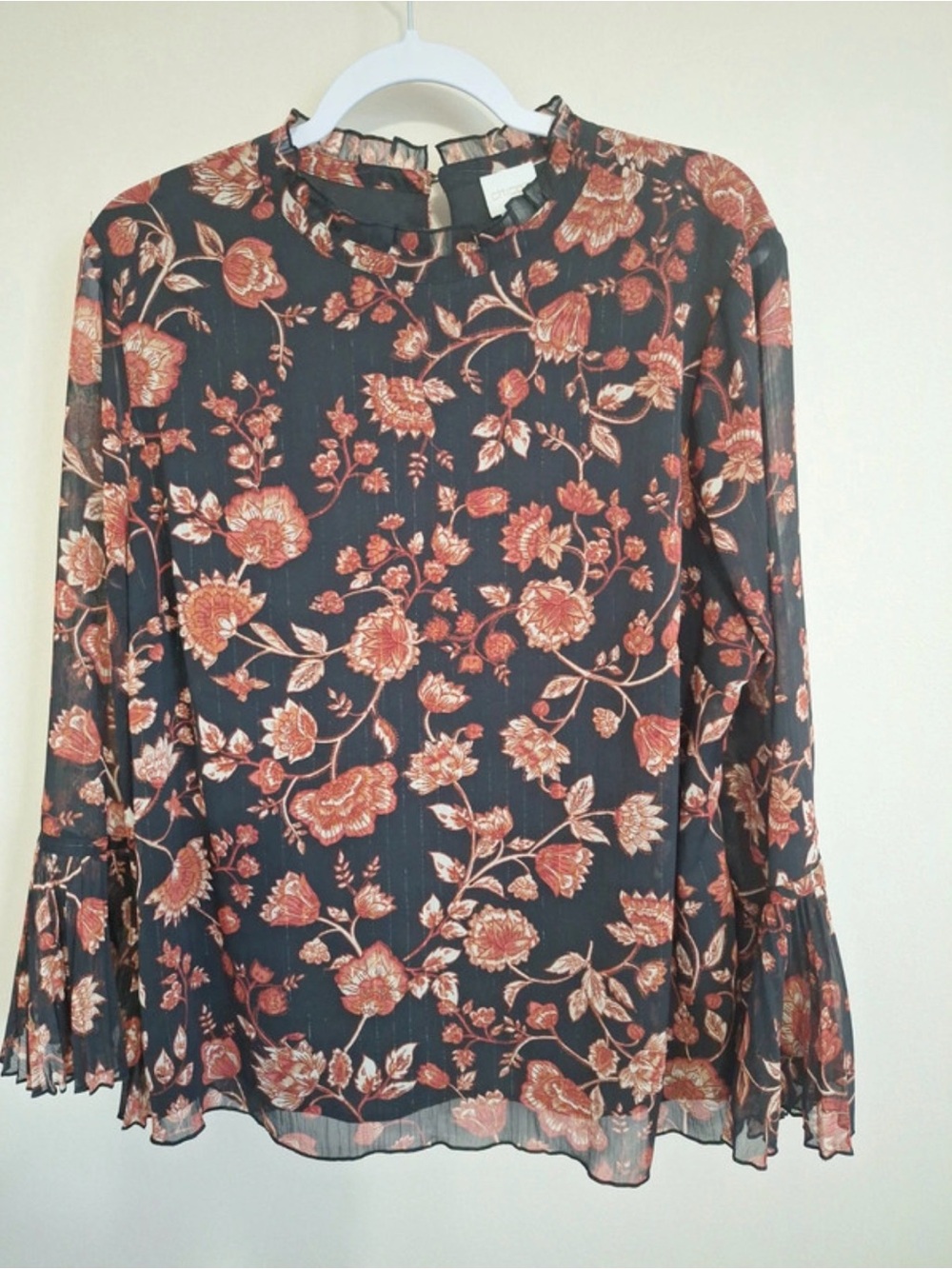 Chico's Black Blouse with Rust Floral Print
